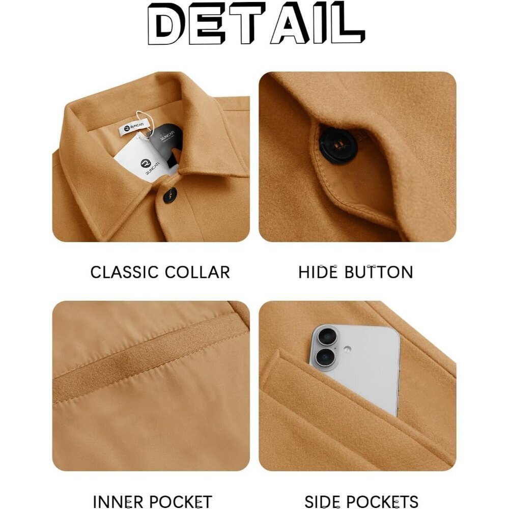 Men's Khaki Long Trench Coat Single Breasted Casual Winter Warm Pea Coat - Picture 5 of 5